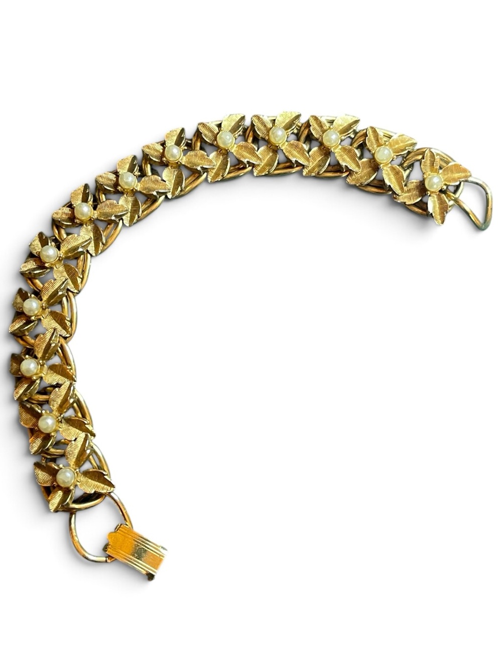 Vintage Florenza Gold-Tone Faux Pearl Botanical Panel Link Bracelet